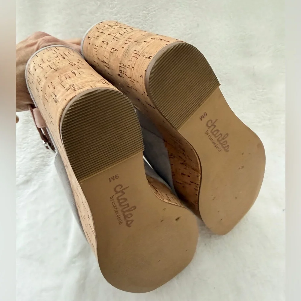 Charles Charles David Faux Gray Suede Cork Wedge Sandal Slingback Size 9